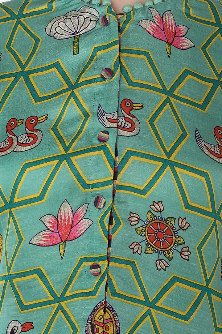 Light teal asymmetrical printed kurta with striped dhoti pants available only at Pernia's Pop Up Shop.