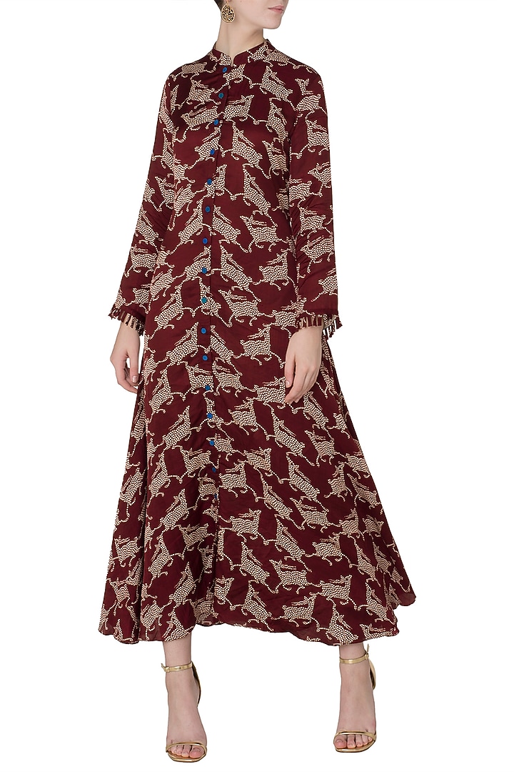 Maroon deer print front open flared kurta available only at Pernia's Pop Up Shop.