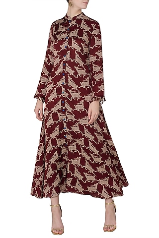 Maroon Deer Print Front Open Flared Kurta by Swati Vijaivargie