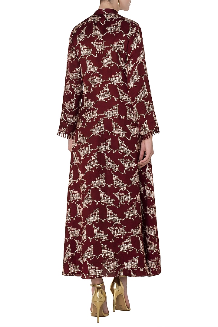 Maroon deer print front open flared kurta available only at Pernia's Pop Up Shop.