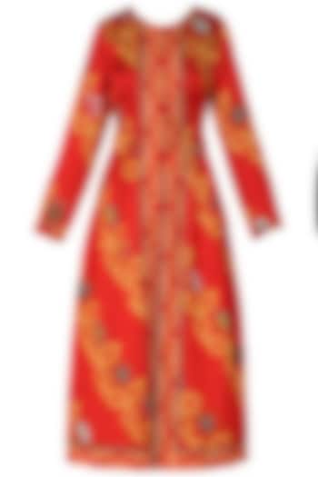 Red Diagonal Print Front Open Jacket with Beige Dress by Swati Vijaivargie