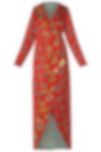 Red Asymmetrical Deer Print Wrap Dress by Swati Vijaivargie