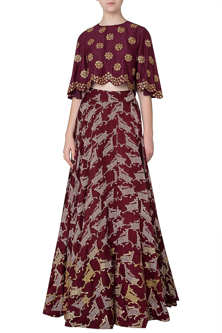 Maroon deer motifs printed lehenga with crop top available only at Pernia's Pop Up Shop.