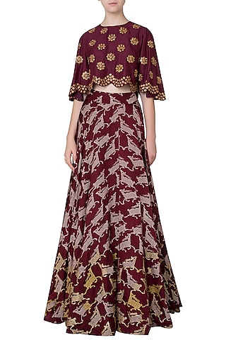 Maroon Deer Motifs Printed Lehenga with Crop Top by Swati Vijaivargie
