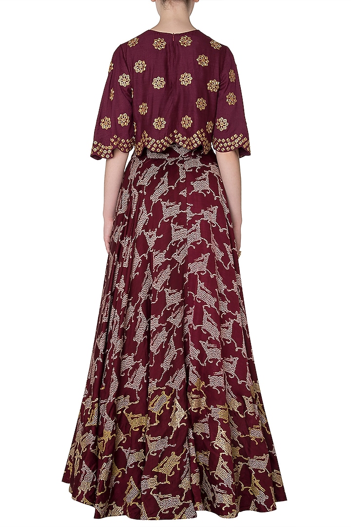 Maroon deer motifs printed lehenga with crop top available only at Pernia's Pop Up Shop.