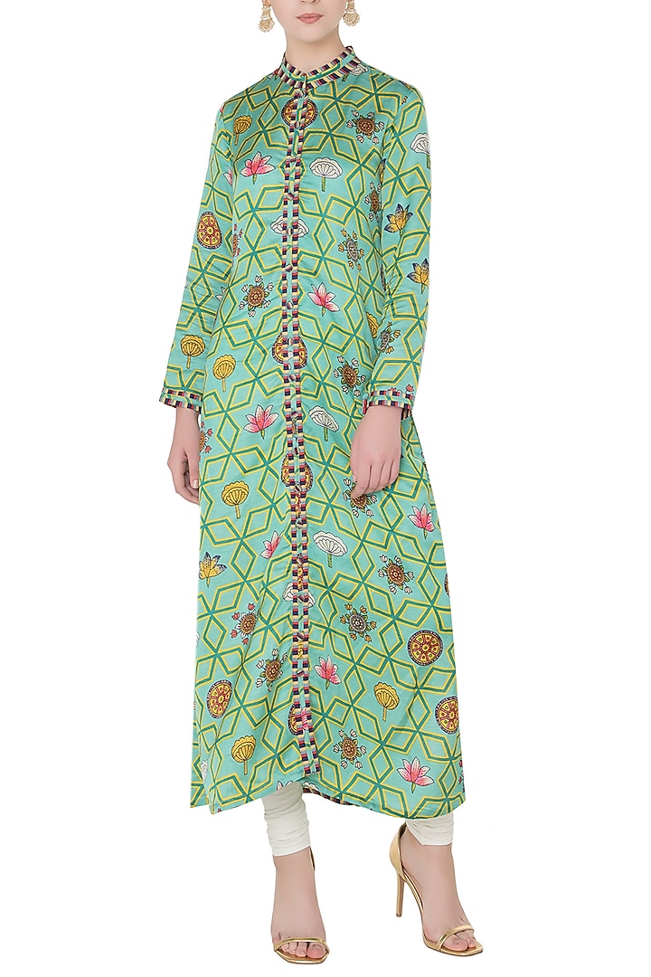 Light teal printed straight kurta available only at Pernia's Pop Up Shop.