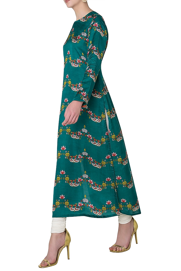 Dark teal scallop printed straight kurta available only at Pernia's Pop Up Shop.