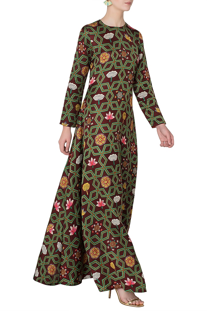 Maroon printed maxi dress available only at Pernia's Pop Up Shop.