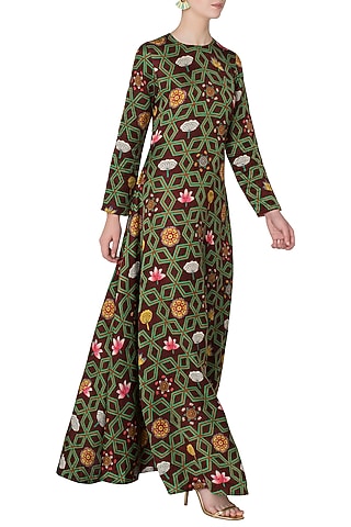 Maroon Linen Satin Jaal Printed Maxi Dress by Swati Vijaivargie