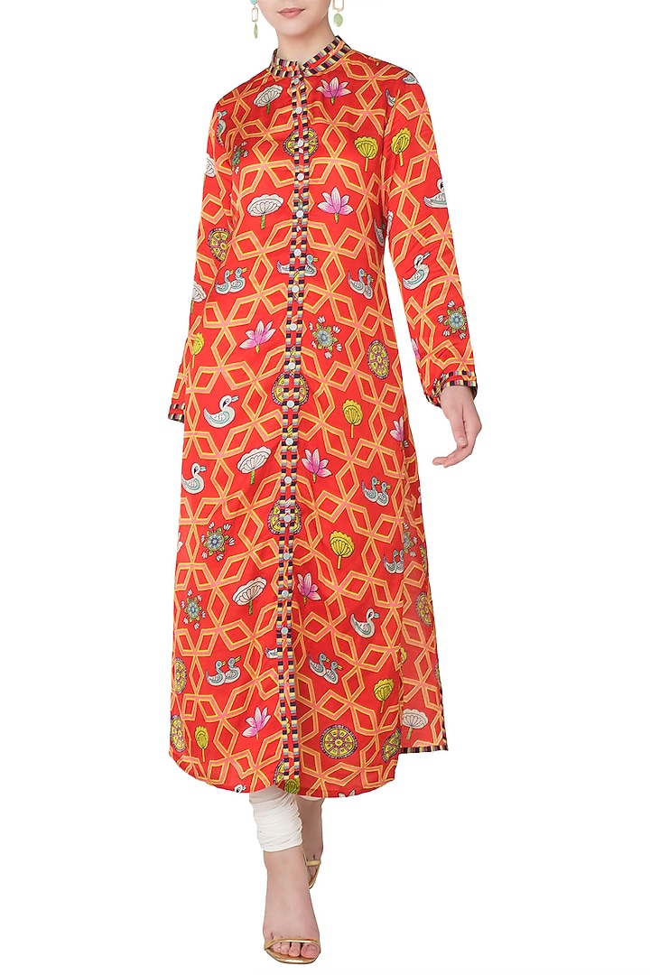 Orange bundi scarlet jaal printed kurta available only at Pernia's Pop Up Shop.