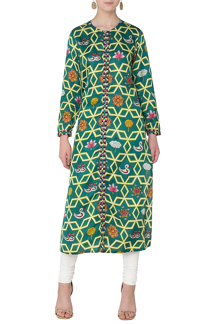 Dark teal high-low printed kurta available only at Pernia's Pop Up Shop.