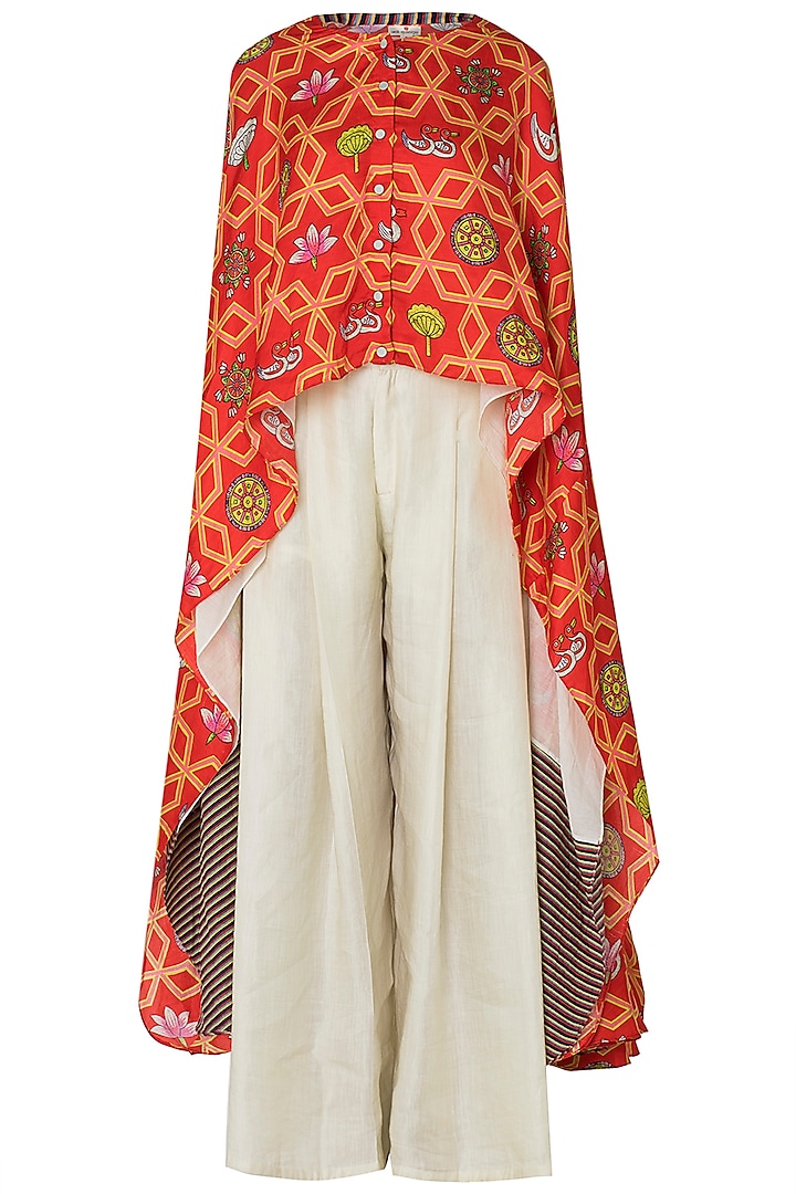 Orange High-Low Layered Printed Cape with Pleated Pants by Swati Vijaivargie