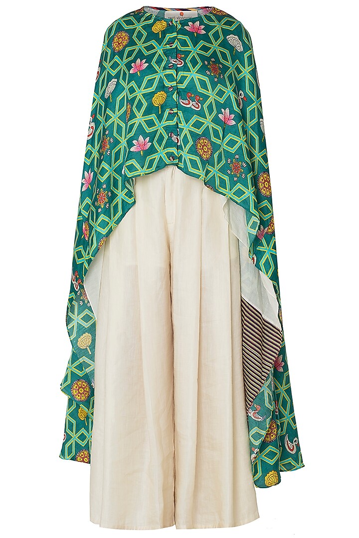 Green High-Low Layered Printed Cape with Pleated Pants by Swati Vijaivargie
