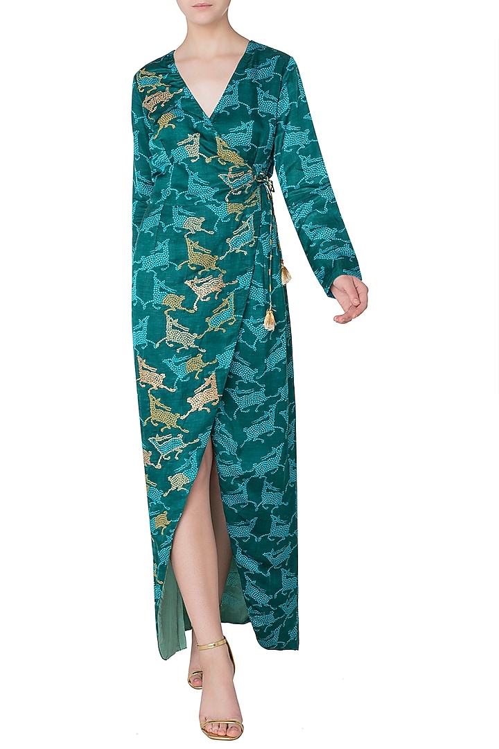 Dark teal printed wrap dress available only at Pernia's Pop Up Shop.