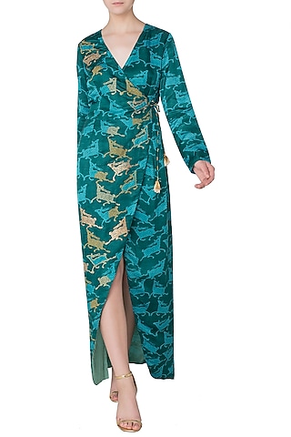 Dark Teal Linen Satin Embroidered Wrap Maxi Dress by Swati Vijaivargie