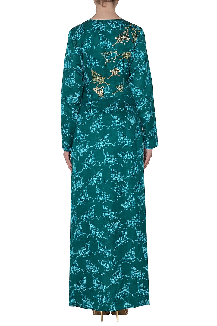 Dark teal printed wrap dress available only at Pernia's Pop Up Shop.