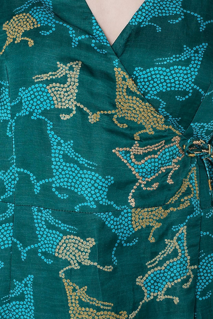 Dark teal printed wrap dress available only at Pernia's Pop Up Shop.