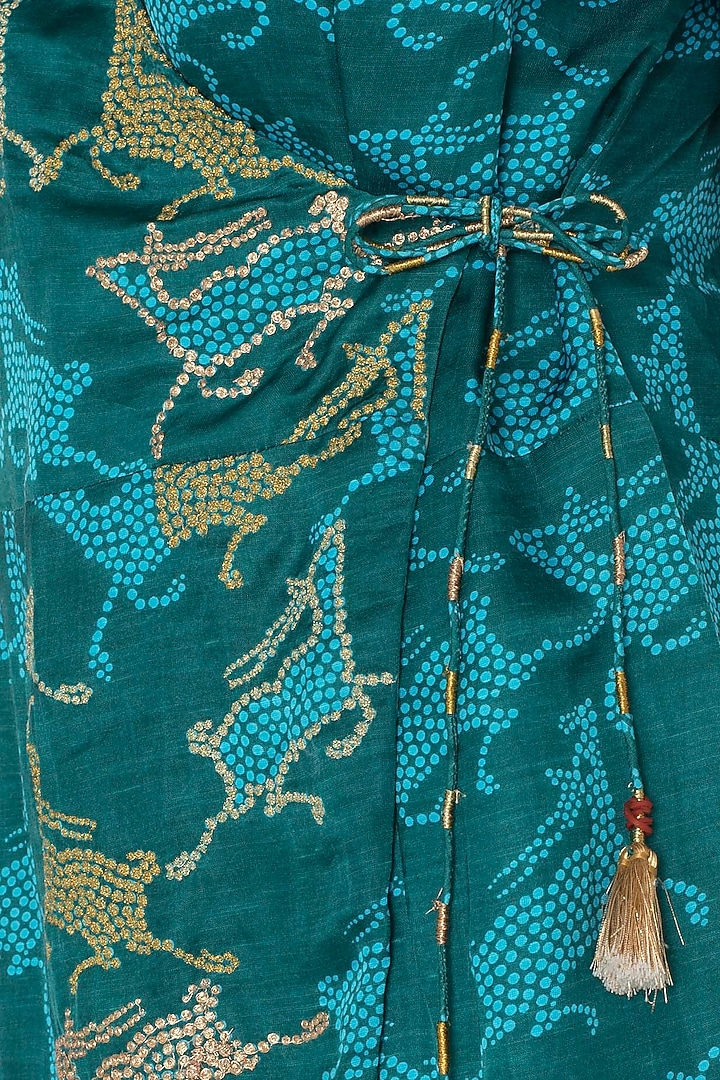 Dark teal printed wrap dress available only at Pernia's Pop Up Shop.