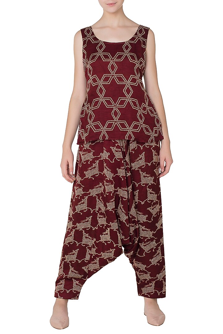 Maroon deer printed cowl pants available only at Pernia's Pop Up Shop.