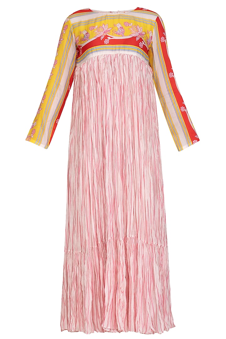 Yellow & Pink Printed Crushed Maxi Dress by Swati Vijaivargie