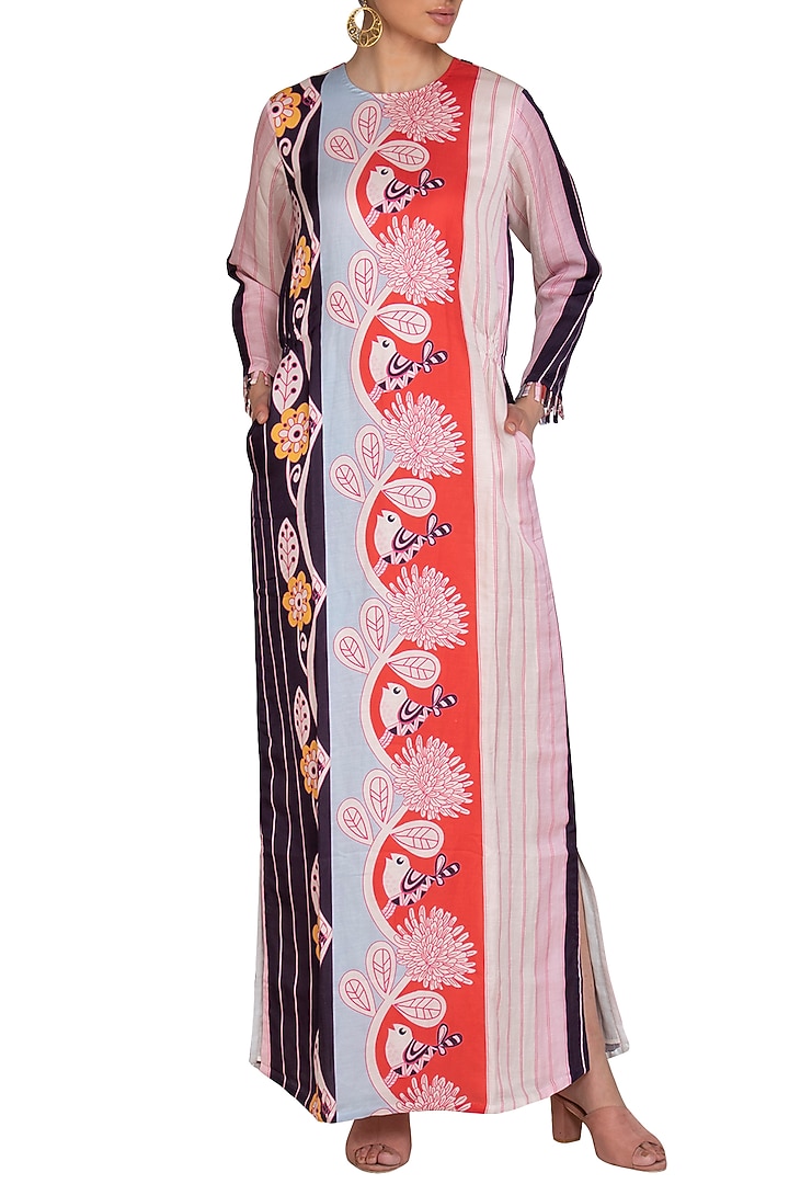 Multi-Colored Linen Satin Printed Maxi Summer Dress by Swati Vijaivargie at Pernia's Pop Up Shop