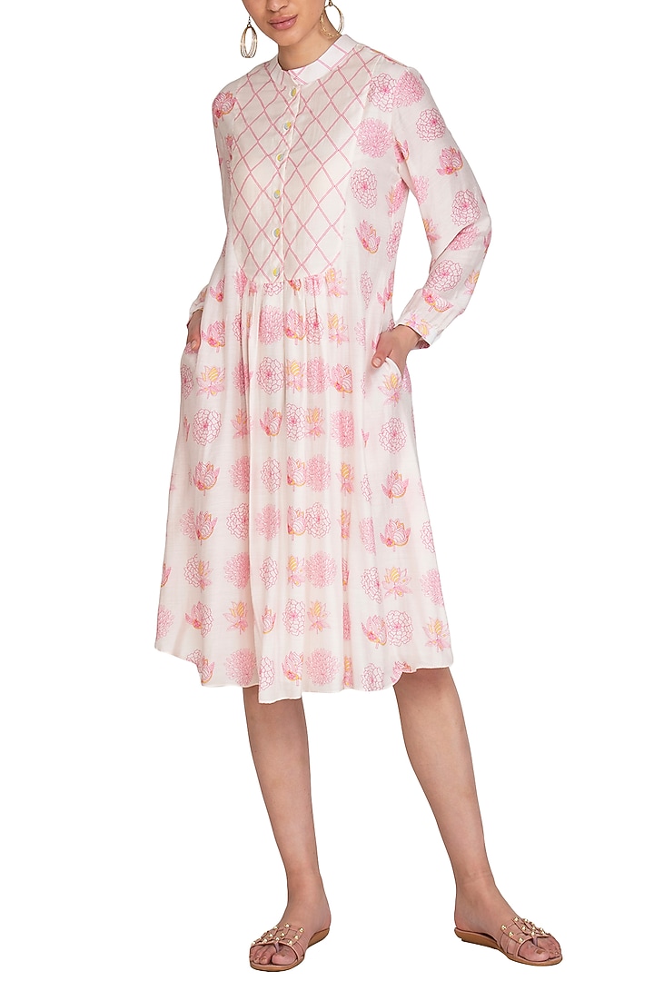 Ivory Cotton Silk Printed Summer Dress by Swati Vijaivargie at Pernia's Pop Up Shop