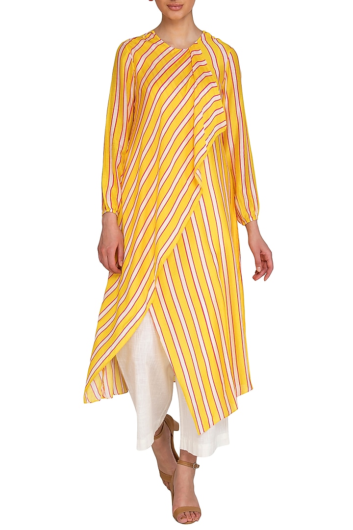 Yellow Striped Draped Tunic by Swati Vijaivargie at Pernia's Pop Up Shop