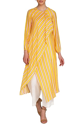Yellow Striped Draped Tunic by Swati Vijaivargie