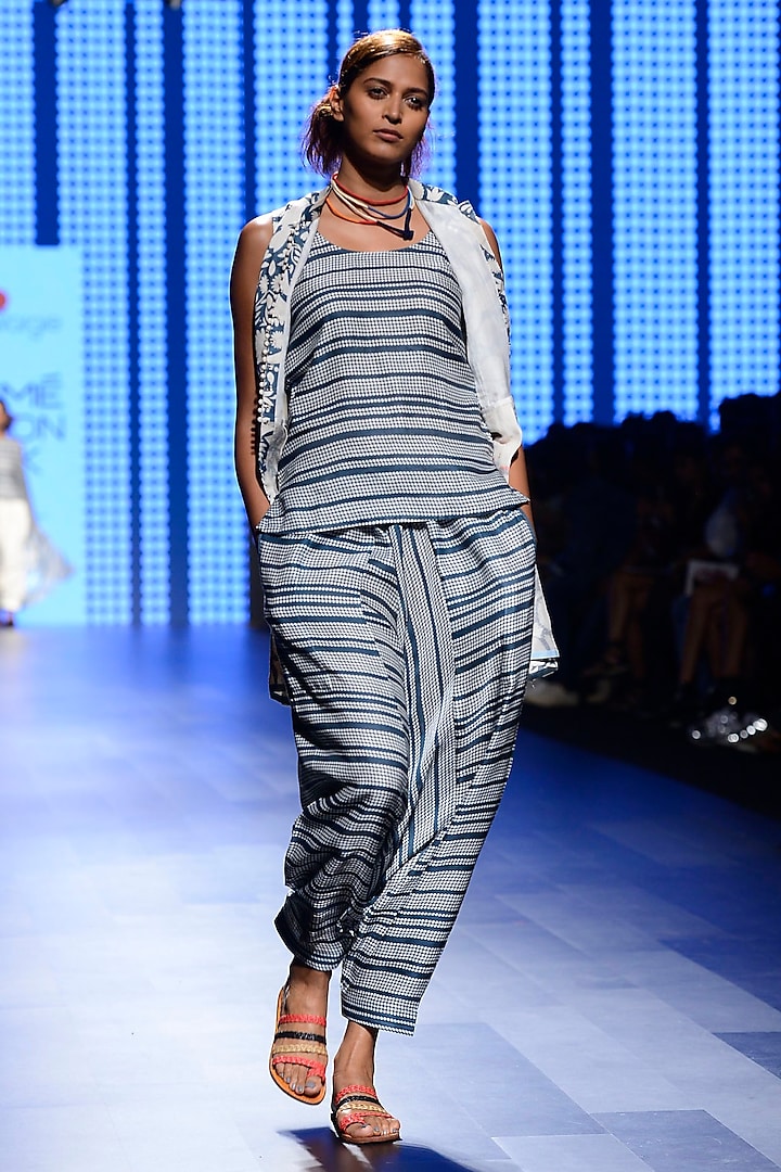 Off White and Teal Blue Printed Jacket With Striped Top and Pants by Swati Vijaivargie