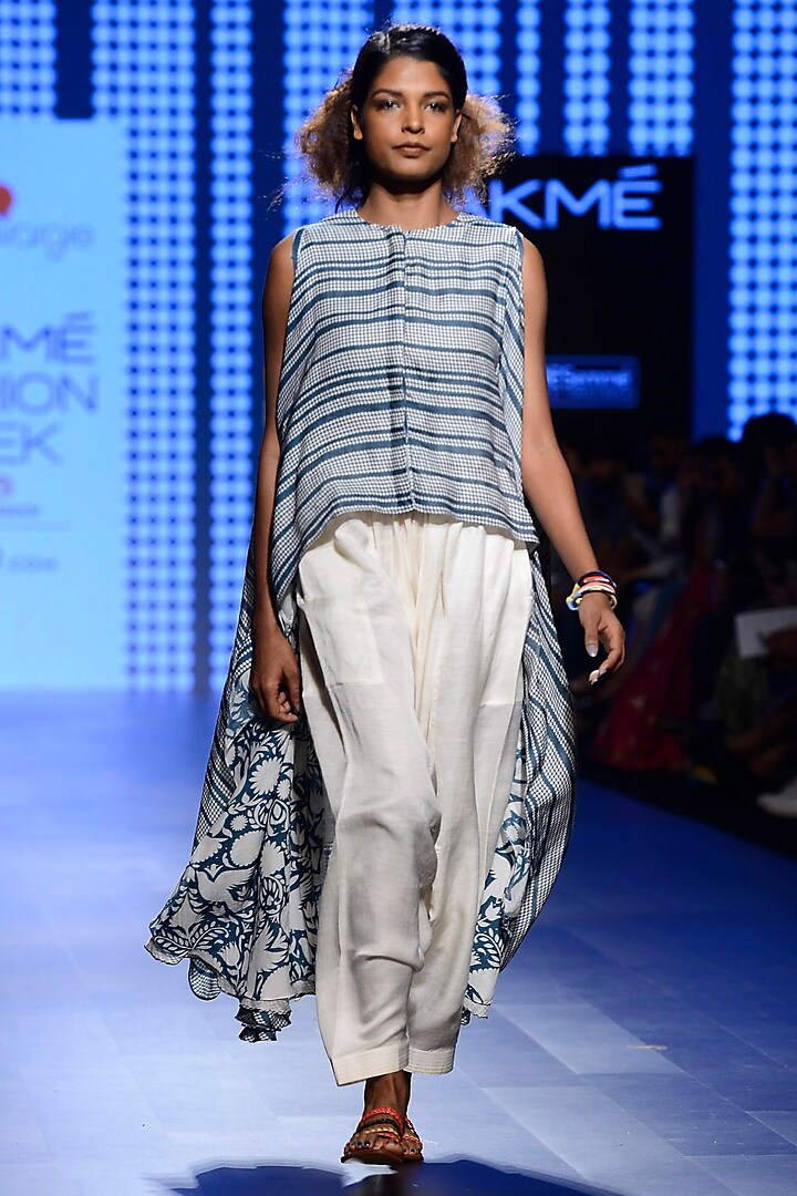 Off White and Teal Blue Striped High Low Cape and Pants Set by Swati Vijaivargie