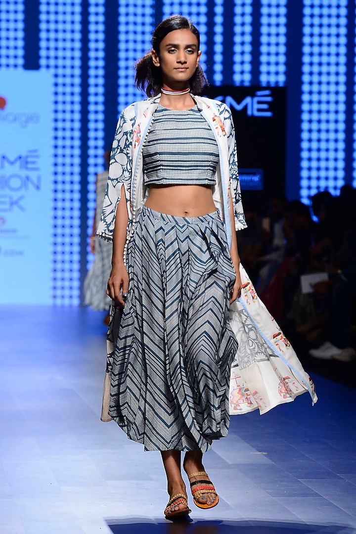 Off White and Teal Blue Printed Crop Top and Skirt Set with jacket by Swati Vijaivargie