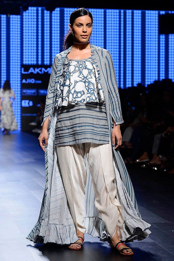 Off White and Teal Blue Striped Jacket, Camisole, Singlet and Dhoti Pants Set by Swati Vijaivargie