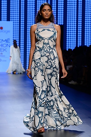 Off White and Teal Blue Printed Jumpsuit by Swati Vijaivargie