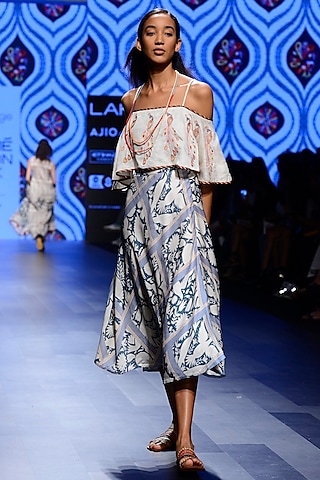 Off White and Teal Blue Embroidered Peacocks Dress by Swati Vijaivargie