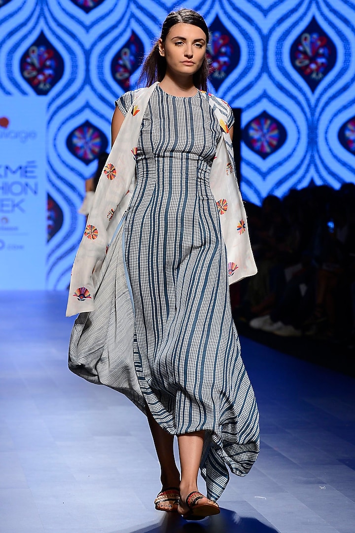 Off White and Teal Blue Asymmetric Dress and Jacket Set by Swati Vijaivargie