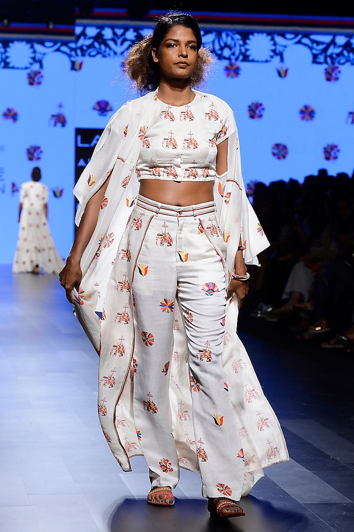 Off White Embroidered Crop Top, Wrap Pants and Cape Set by Swati Vijaivargie