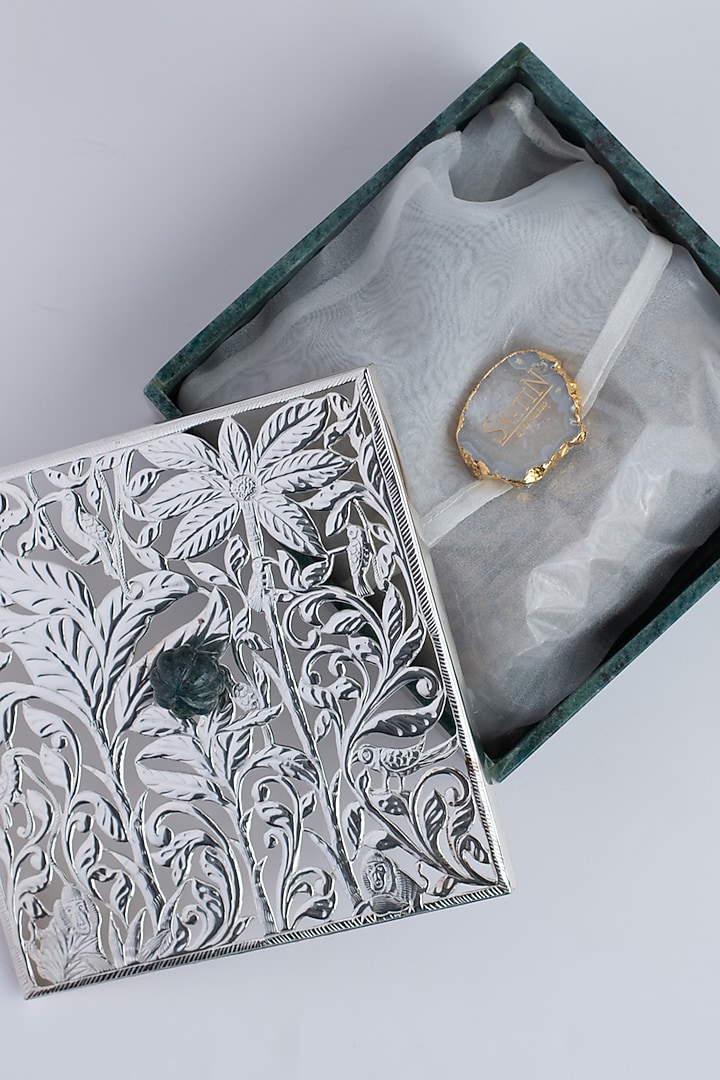 Green Natural Stone & Brass Square Nut Box by SwatiN at Pernia's Pop Up Shop