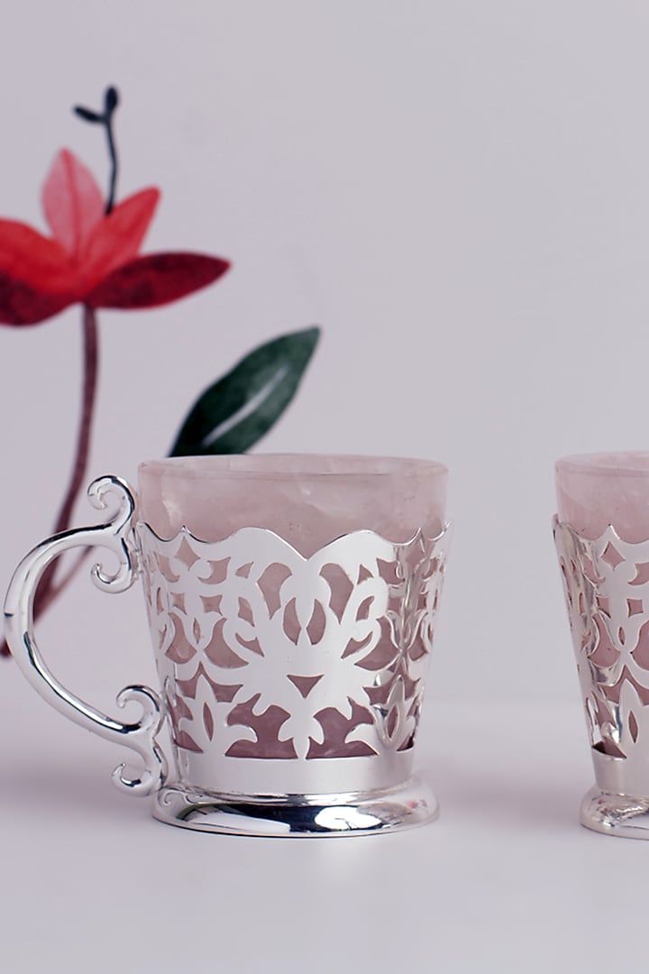 Rose Quartz & Silver Brass Tea Cup Set by SwatiN