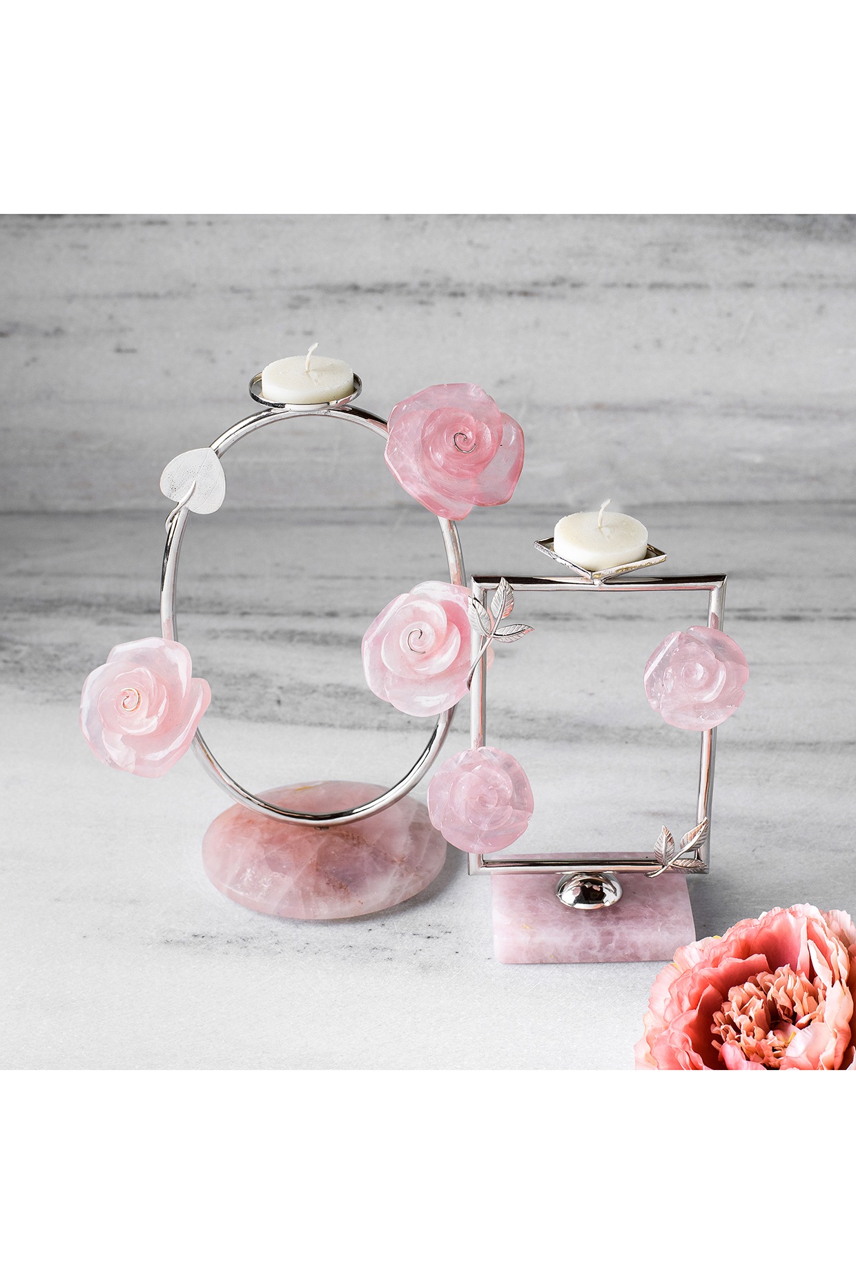 Silver Natural Stone & Brass Rose Tea light Holder Design by