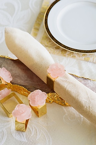 Lilac Natural Stone & Brass Rose Napkin Holder Set by SwatiN