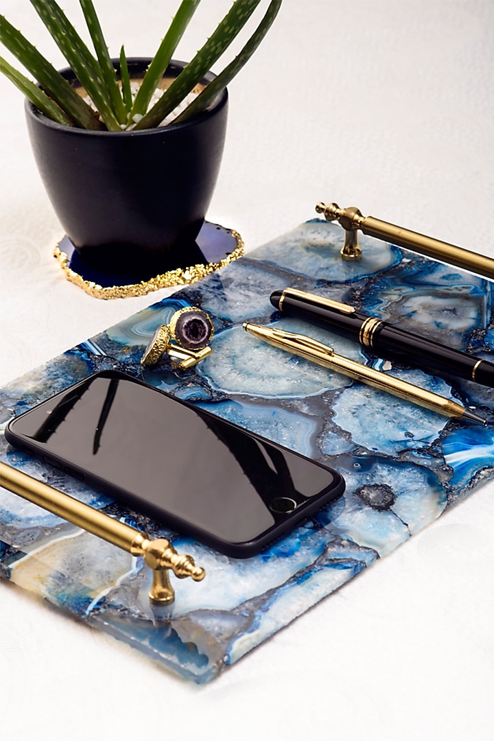 Blue Natural Stone & Brass Tray by SwatiN