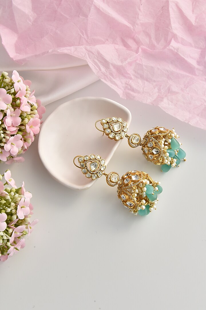 Gold Finish Moissanite Polki Jhumka Earrings by Swabhimann Jewellery at Pernia's Pop Up Shop