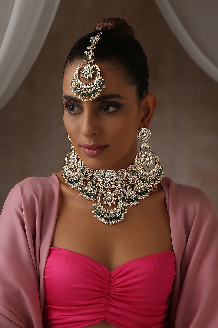 Gold Finish Green Moissanite Polki Choker Necklace Set by Swabhimann Jewellery at Pernia's Pop Up Shop
