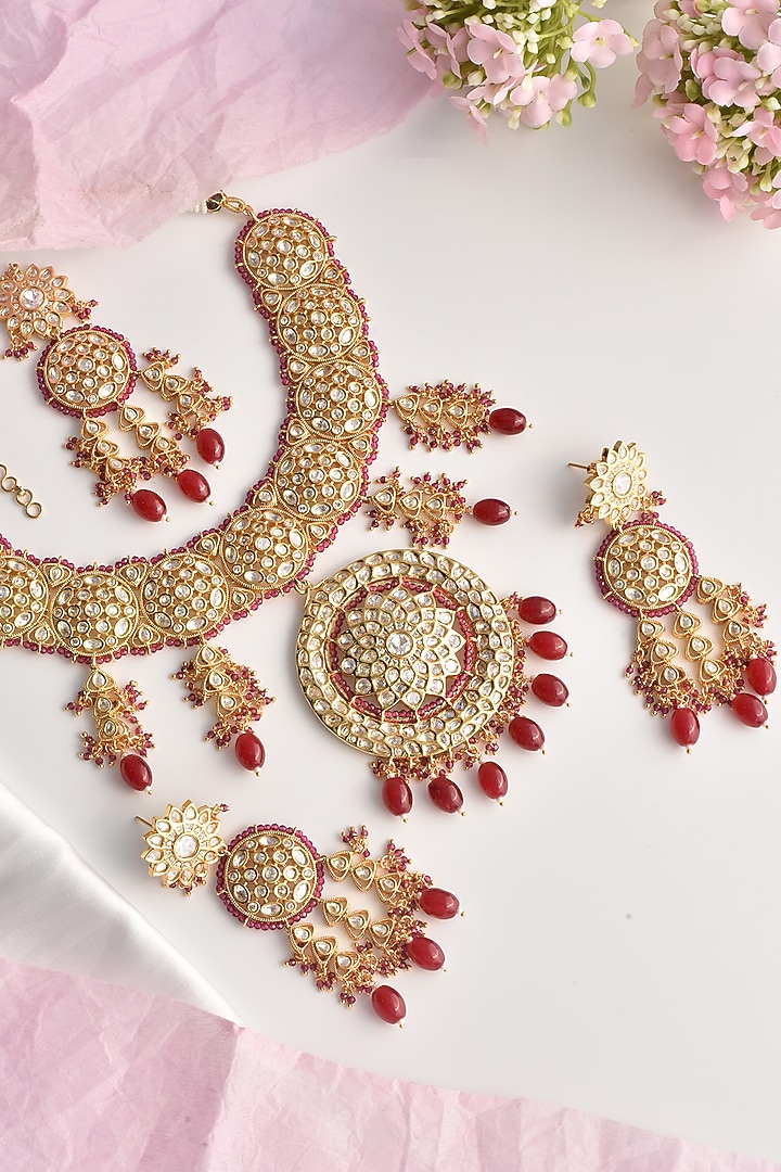 Gold Finish Red Moissanite Polki Necklace Set by Swabhimann Jewellery at Pernia's Pop Up Shop