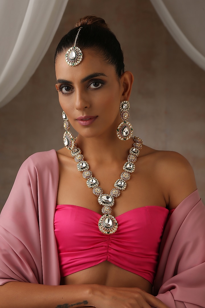 Gold Finish Multi-Colored Moissanite Polki Long Necklace Set by Swabhimann Jewellery at Pernia's Pop Up Shop
