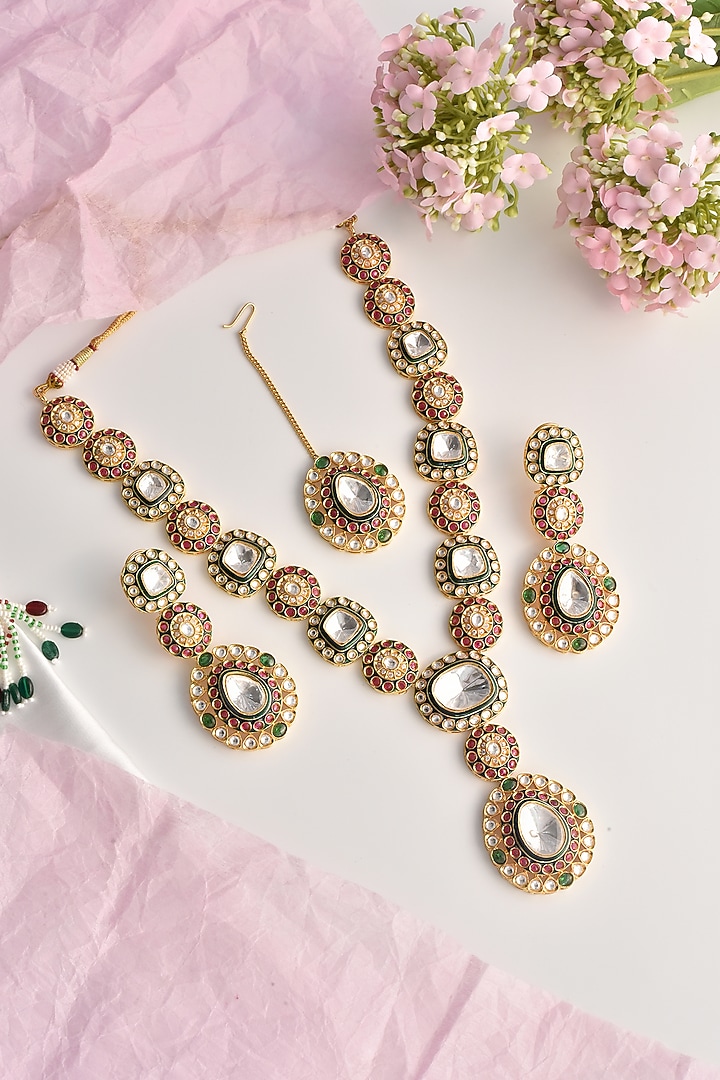 Gold Finish Multi-Colored Moissanite Polki Long Necklace Set by Swabhimann Jewellery at Pernia's Pop Up Shop