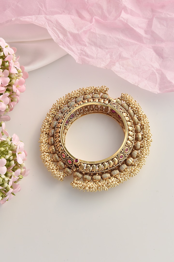 Gold Finish Pearl Temple Kada by Swabhimann Jewellery at Pernia's Pop Up Shop