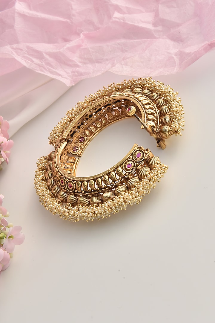 Gold Finish Pearl Temple Kada by Swabhimann Jewellery at Pernia's Pop Up Shop
