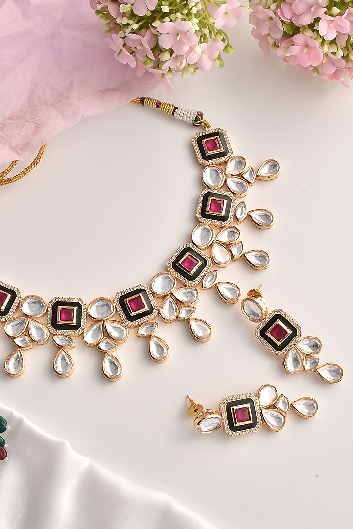Gold Finish Red Moissanite Polki Choker Necklace Set by Swabhimann Jewellery at Pernia's Pop Up Shop