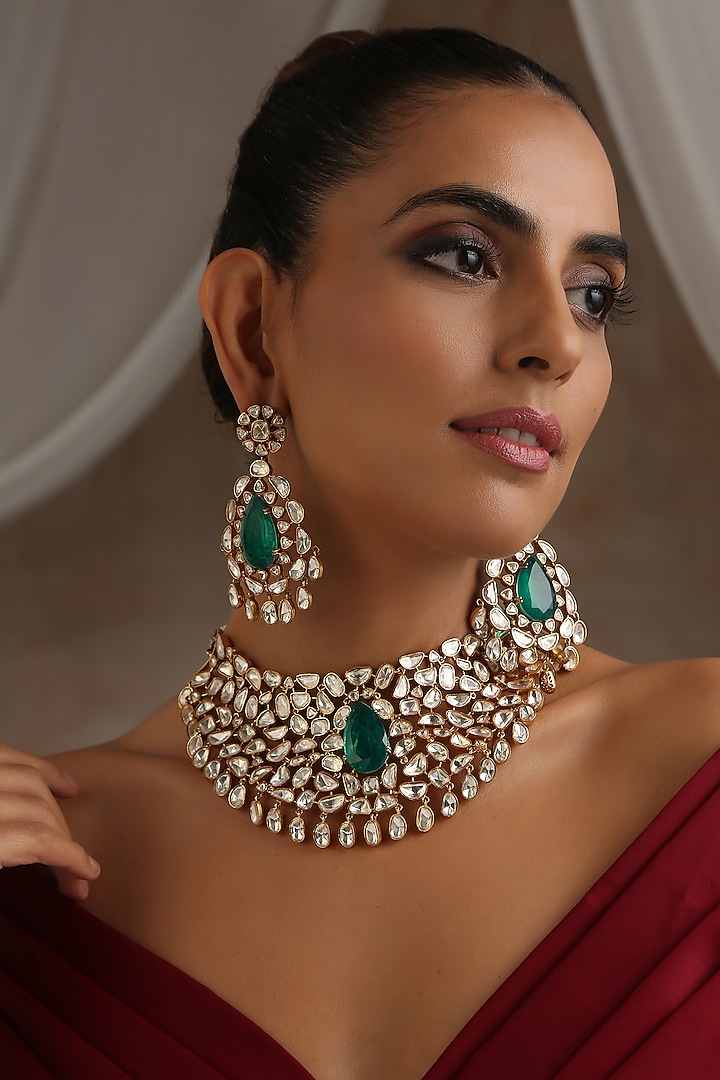 Rose Gold Finish Emerald & Uncut Polki Choker Necklace Set In Sterling Silver by Swabhimann Jewellery at Pernia's Pop Up Shop